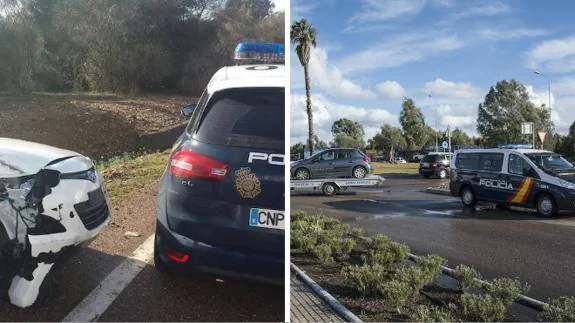 El vehículo en el que huyó el delincuente sufrió daños importantes. Al lado, un coche patrulla/ La Policía Nacional retira uno de los coches.