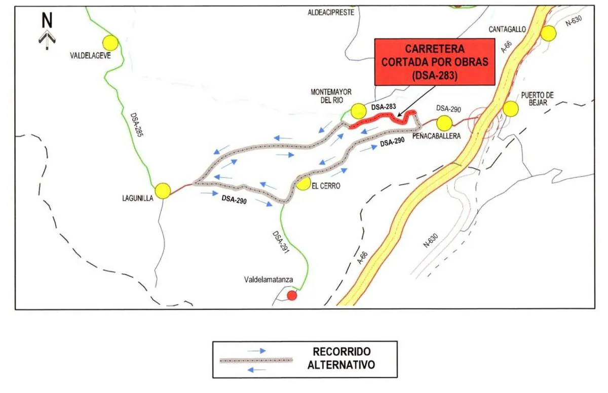 La carretera DSA-283 entre Montemayor del Rio y la DSA-290 cortada hasta el 30 de noviembre