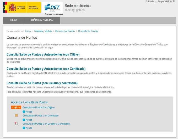 Página web de la DGT para consultar los puntos de tu carné