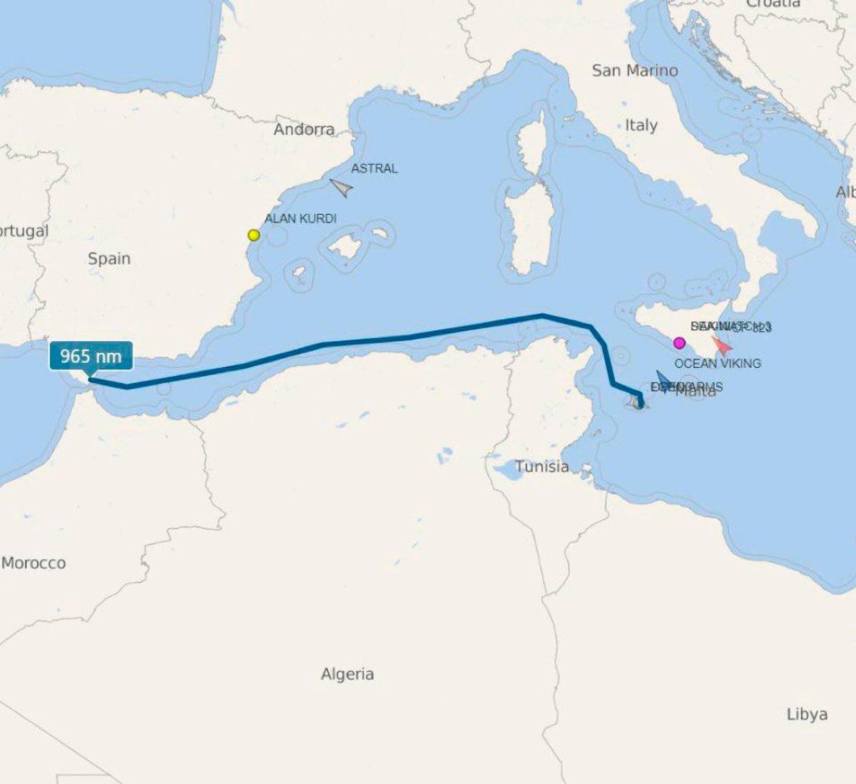 La ruta que debería hacer el Open Arms para llegar hasta Algeciras.