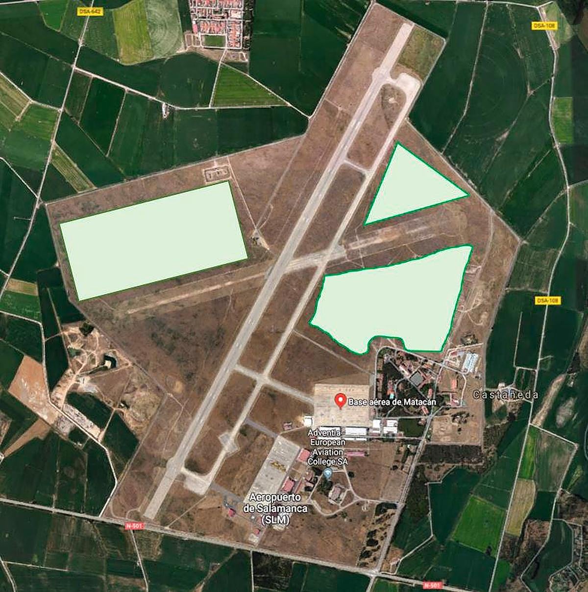 Recuadrados en verde, los terrenos para el cultivo en la Base de Matacán (de regadío a la izda., y de secano, dcha.).