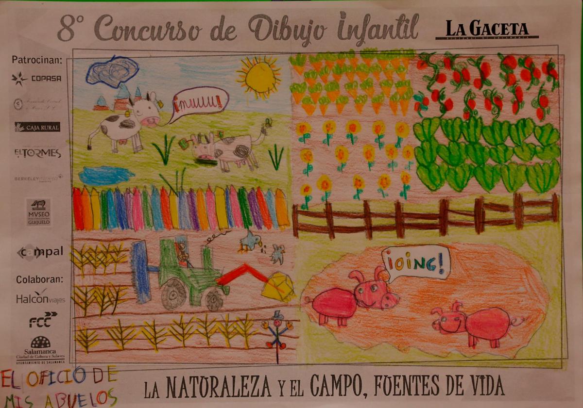 El segundo premio recayó en Lucía Peix, de seis años y alumna del Colegio San Mateo de Peñaranda, por el diseño colorista de una explotación agroganadera en la que conviven cerdos, vacas, cereales y hortalizas. | ALMEIDA