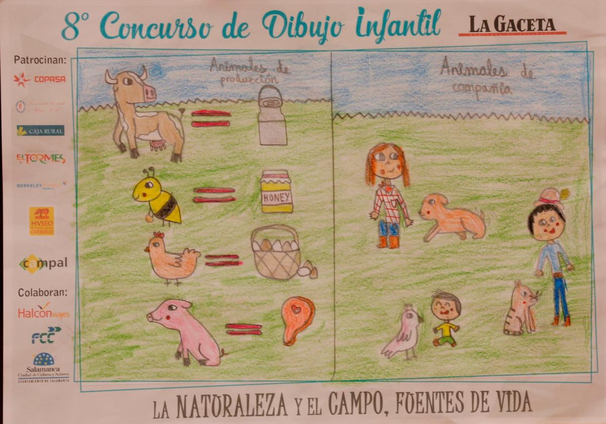 El tercer premio recayó en Jimena Carretero, de ocho años y alumna del Colegio Santa Teresa de Alba de Tormes, por su explicación gráfica en dibujo de lo que aportan al ser humano los animales de producción y compañía. | ALMEIDA