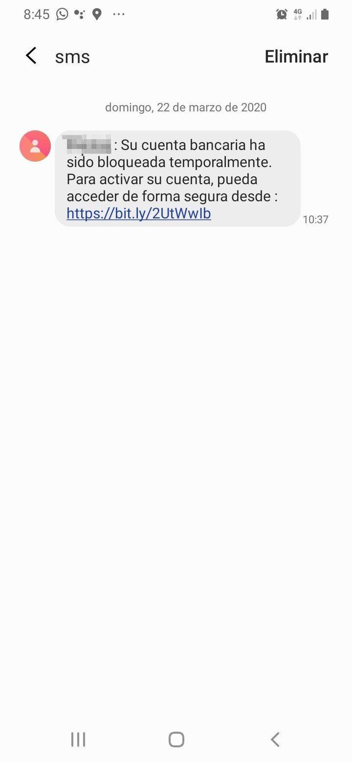 Estafa por SMS para acceder a datos bancarios.