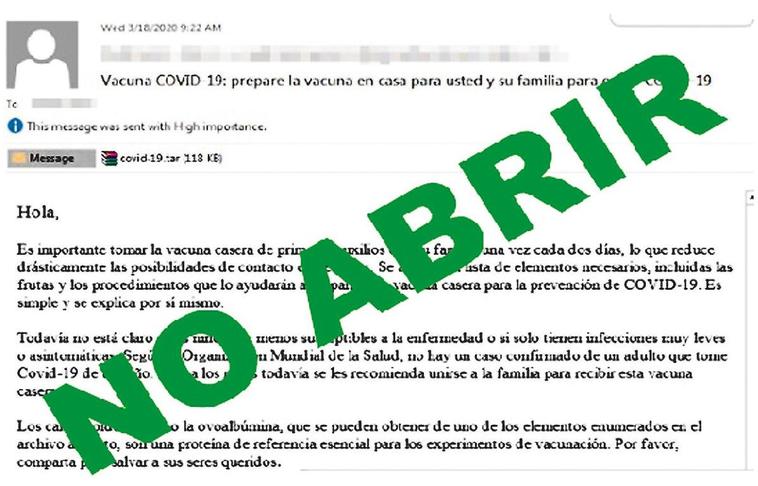 Correo electrónico que infecta el ordenador si se descarga el archivo adjunto.