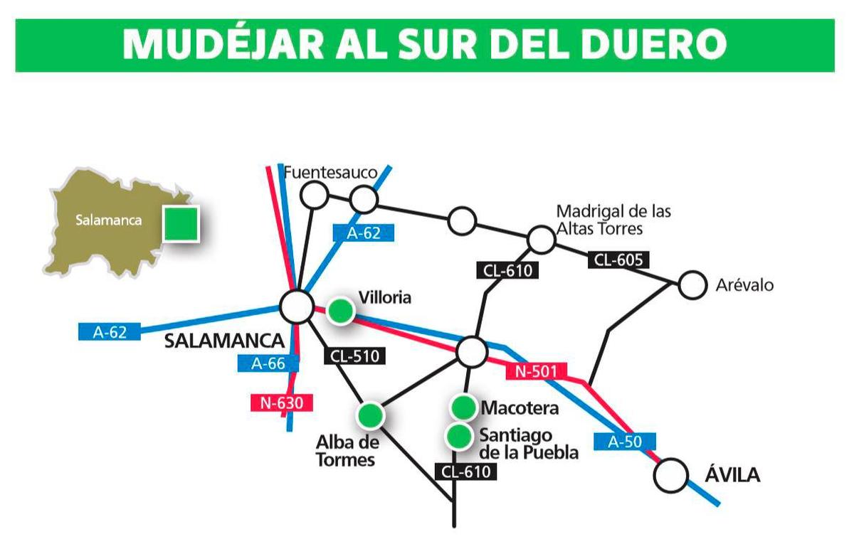 Mapa de los monumentos de la zona de mudéjar al sur del Duero