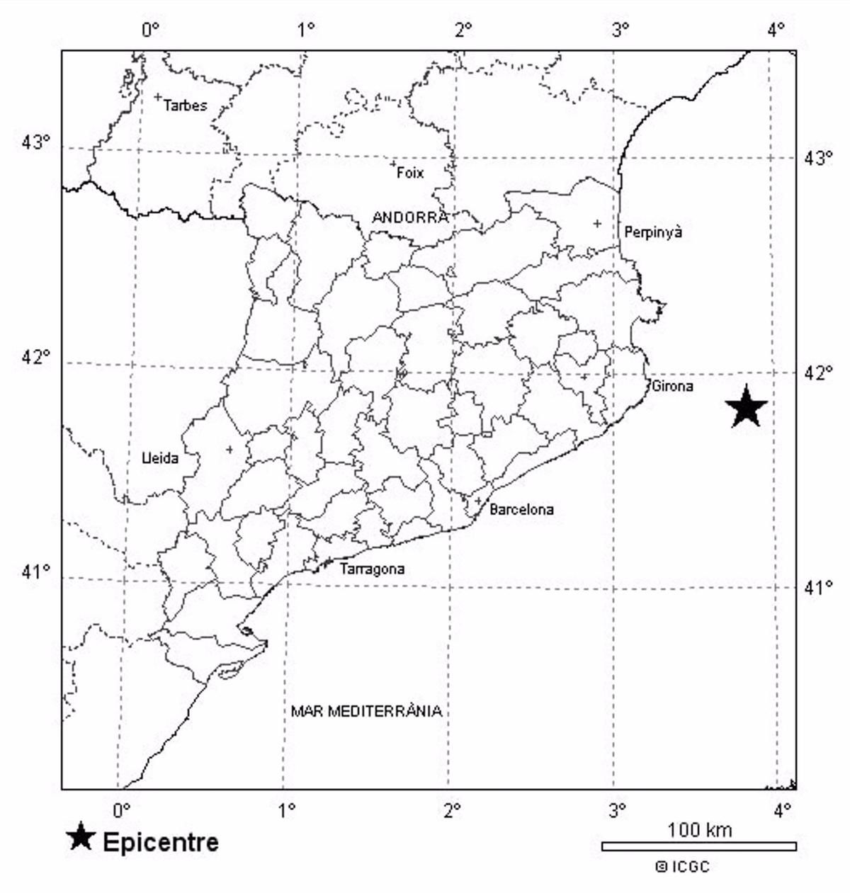 Mapa del seismo de 3,5 grados que se ha dejado sentir en la Costa Brava.