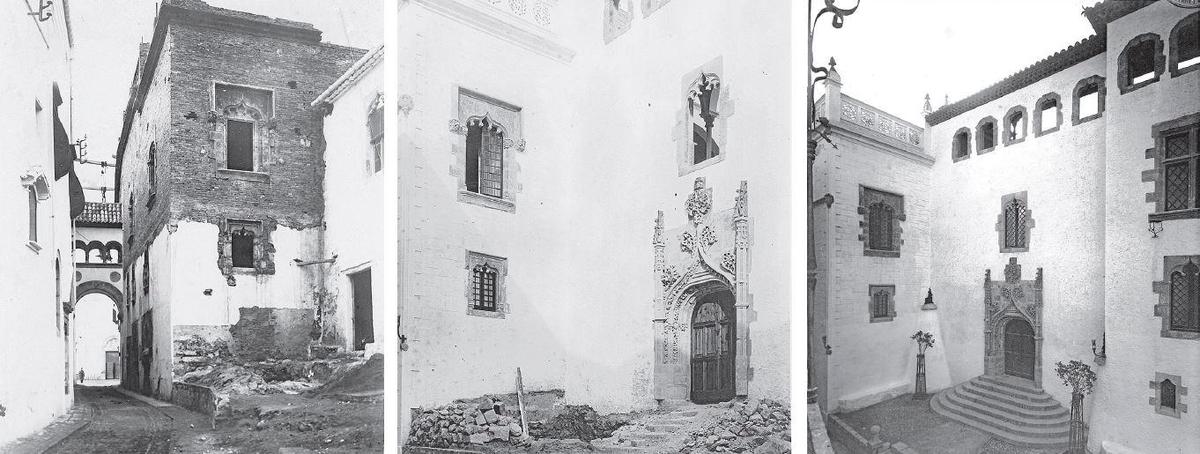 La secuencia recoge tres momentos de la instalación de la portada salmantina en el palacio de Sitges. A la izquierda, la construcción de la fachada del Palau de Maricel en la calle Fonollar (c. 1914). En el centro, pavimentación de la Plazoleta de San Juan (actual Racó de la Calma) en 1915 una vez finalizada la fachada. A la derecha, la obra finalizada en 1918. | Archivo Miquel Utrillo, núm. reg. 912-913 / AFCPS-MT-0005. © Archivo fotográfico del Consorcio del Patrimonio de Sitges