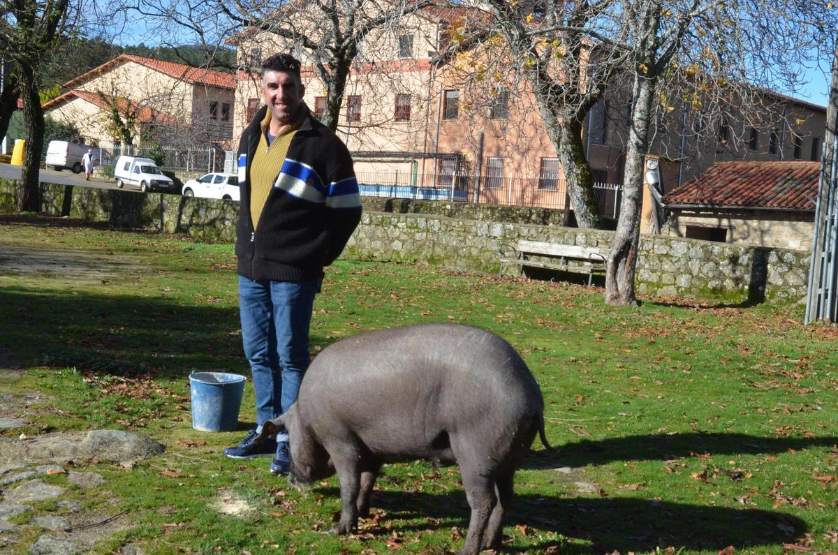 Víctor Muñoz con el marrano de San Antón ayer en La Alberca.