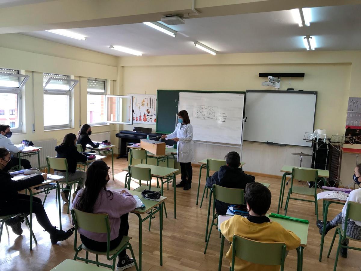 Alumnos en una clase de música con sus mascarillas y guardando la distancia de seguridad.