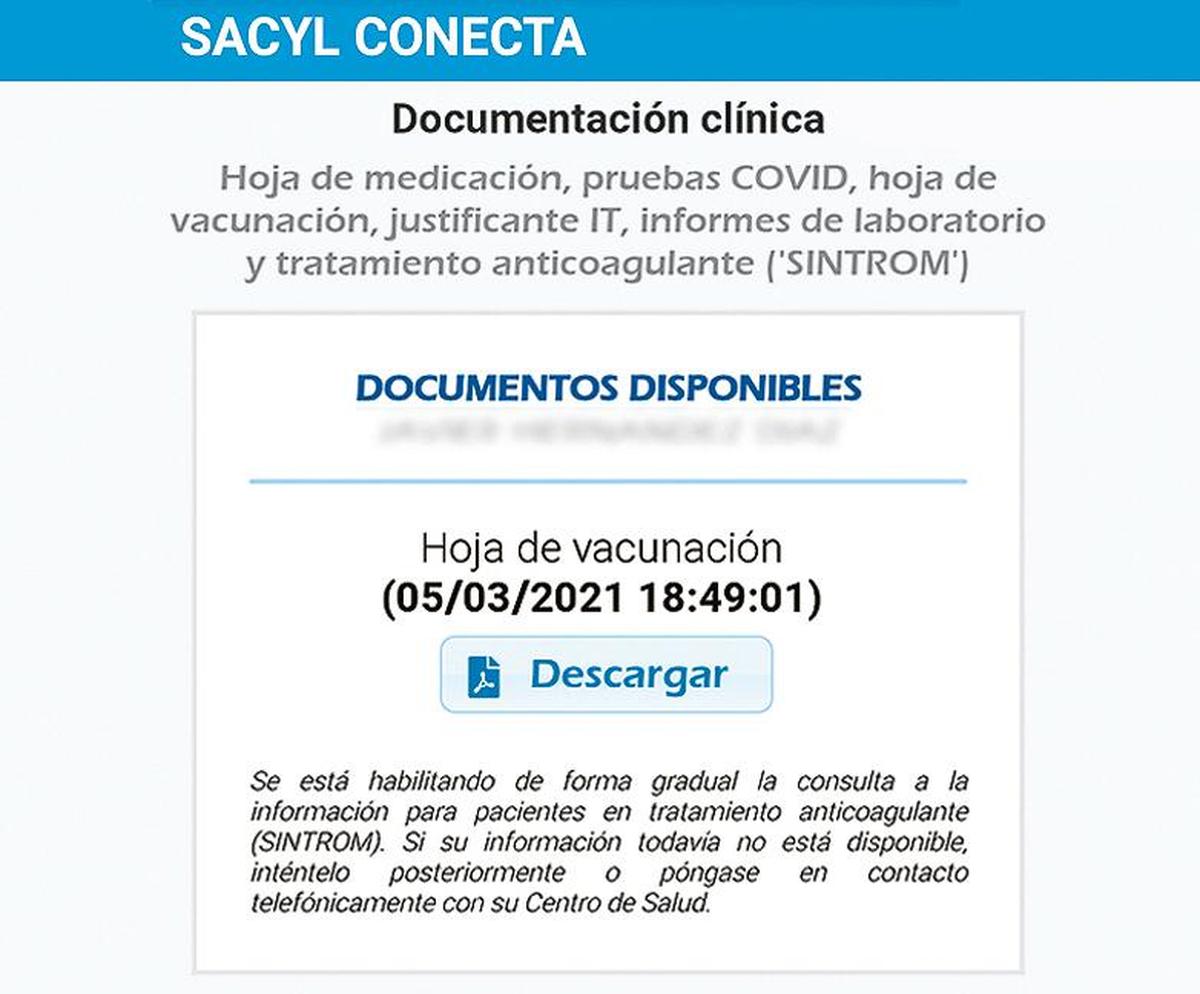 Pantallazo de la app Sacyl Conecta en el apartado de vacunación
