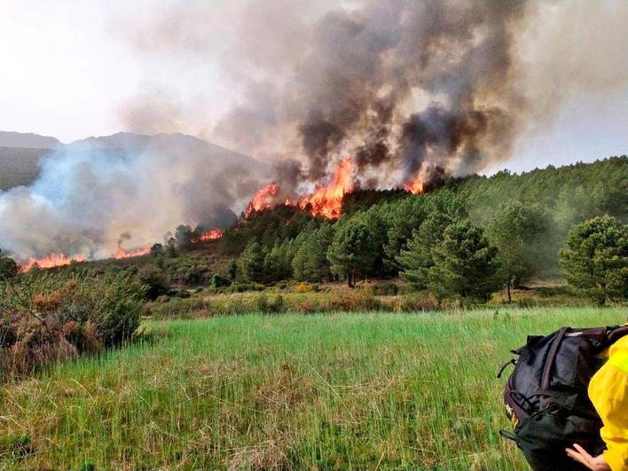 Un incendio próximo a Herguijuela pone en alerta a medios aéreos y terrestres, que intentan sofocarlo