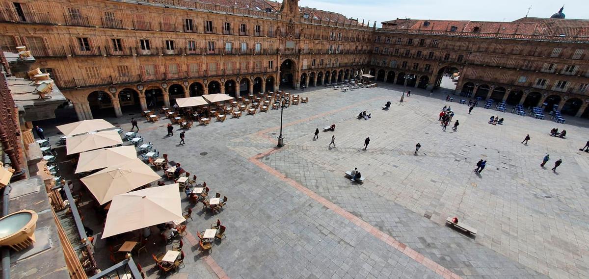 Terrazas con sombrillas en la Plaza Mayor de Salamanca.