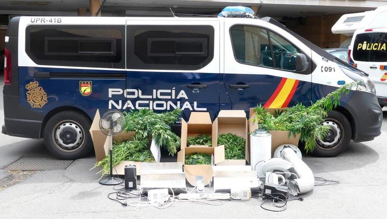 Marihuana y útiles para el cuidado de la droga intervenidos en la calle Guijuelo.