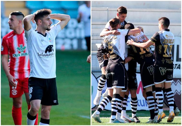 Camacho se lamenta de una ocasión fallada y celebración de gol del Unionistas.