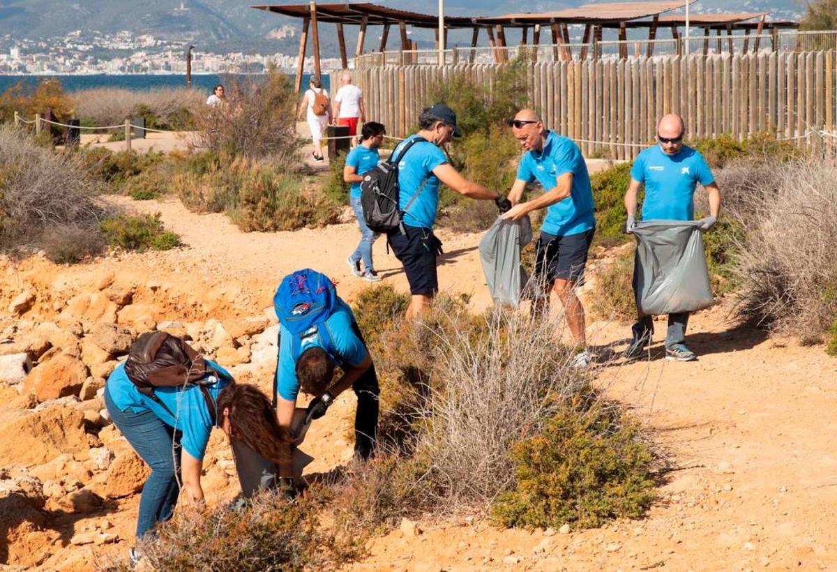 Un grupo de voluntarios de Caixa Bank realizando labores de limpieza. | EÑE