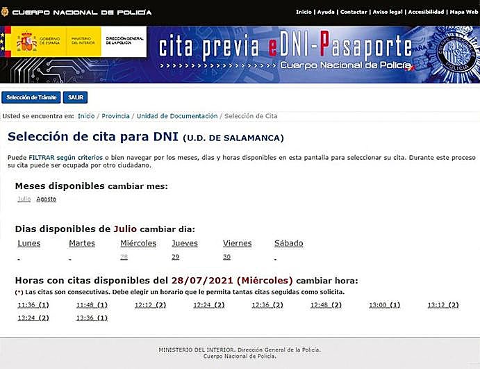Próximas citas disponibles para renovar el DNI en la Comisaría de Salamanca que ofrece la web de la Policía.