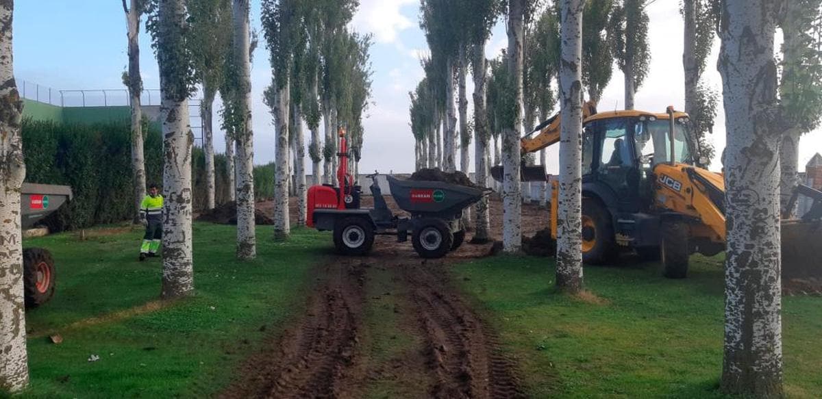 Operarios y máquinas retirando el césped actual de las piscinas en la zona de la chopera.