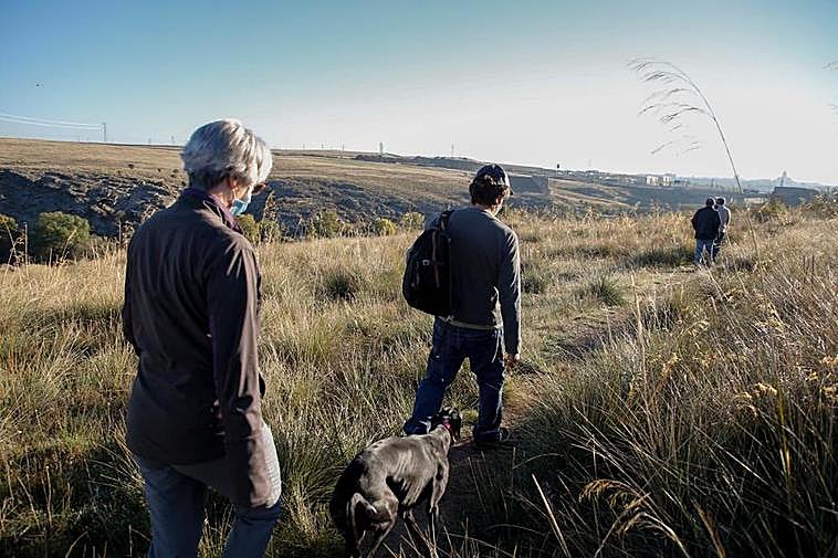 Carmen Centeno y Francisco Guijarro, junto a la su perra Ona paseando por el paraje de La Salud.
