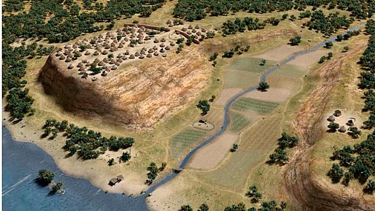 Recreación digital de la aldea asentada en el Cerro de San Vicente en la primera Edad de Hierro.