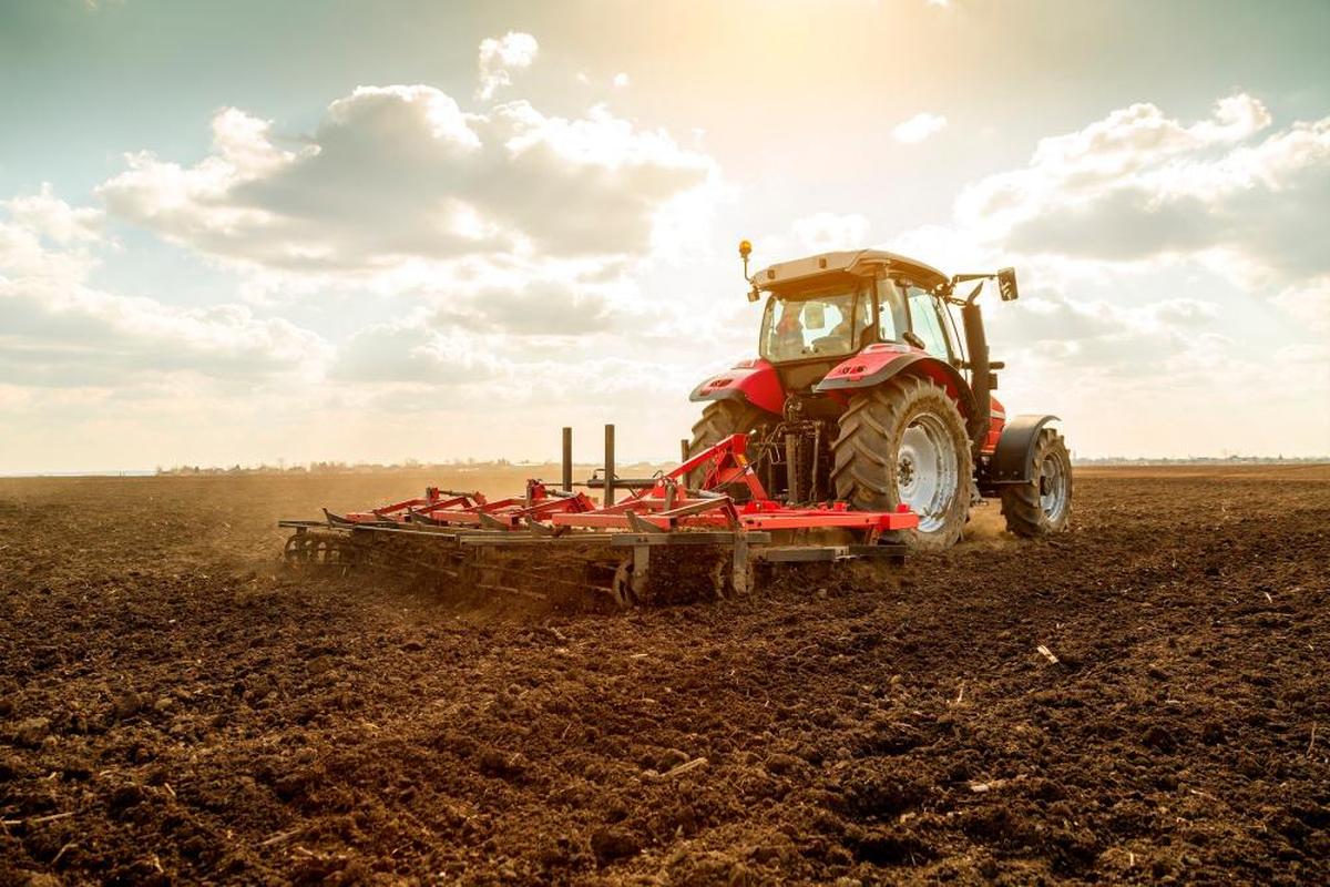 Un agricultor en su tierra con un tractor