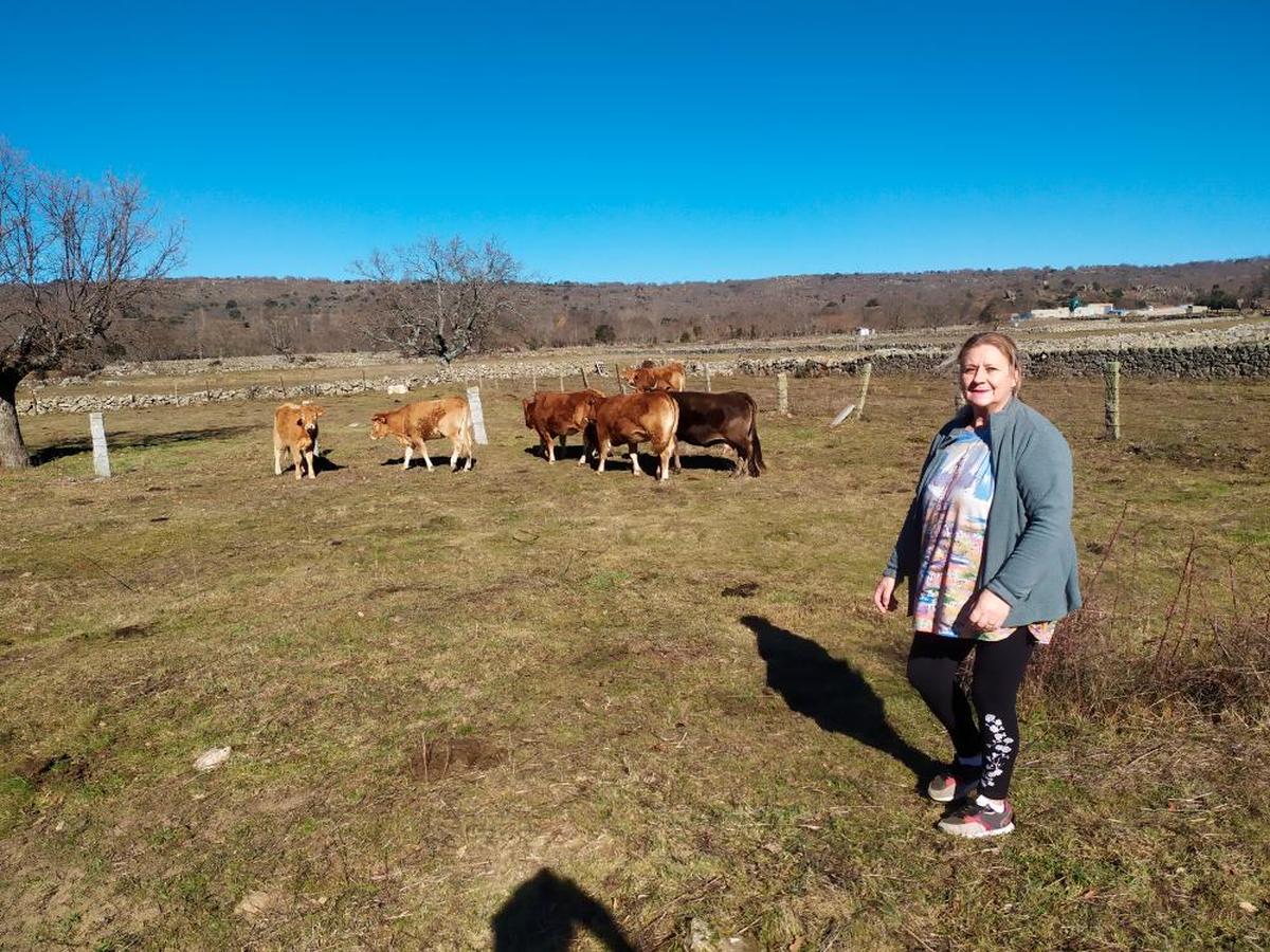 Mari Cruz, junto a las vacas de una de las tres fincas.