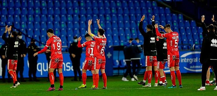Los jugadores del Unionistas en la última visita a Riazor.