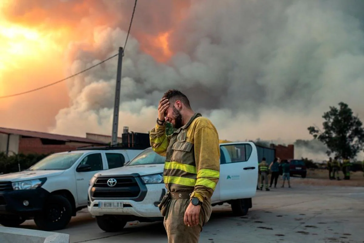 Un bombero llora en las inmediacioes del incendio de Losacio