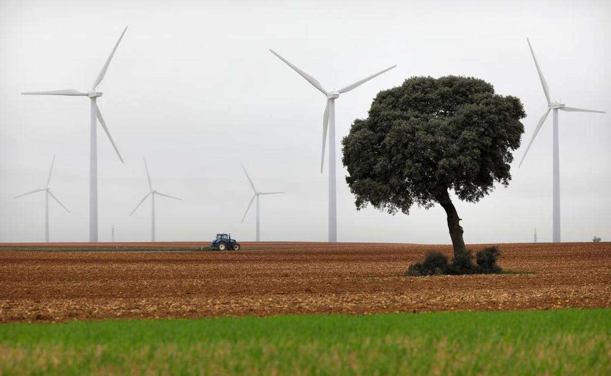 Una de las iniciativas verdes de Iberdrola, en Castilla y León donde se puede ver uno de sus parques eólicos en medio de un campo agrícola.