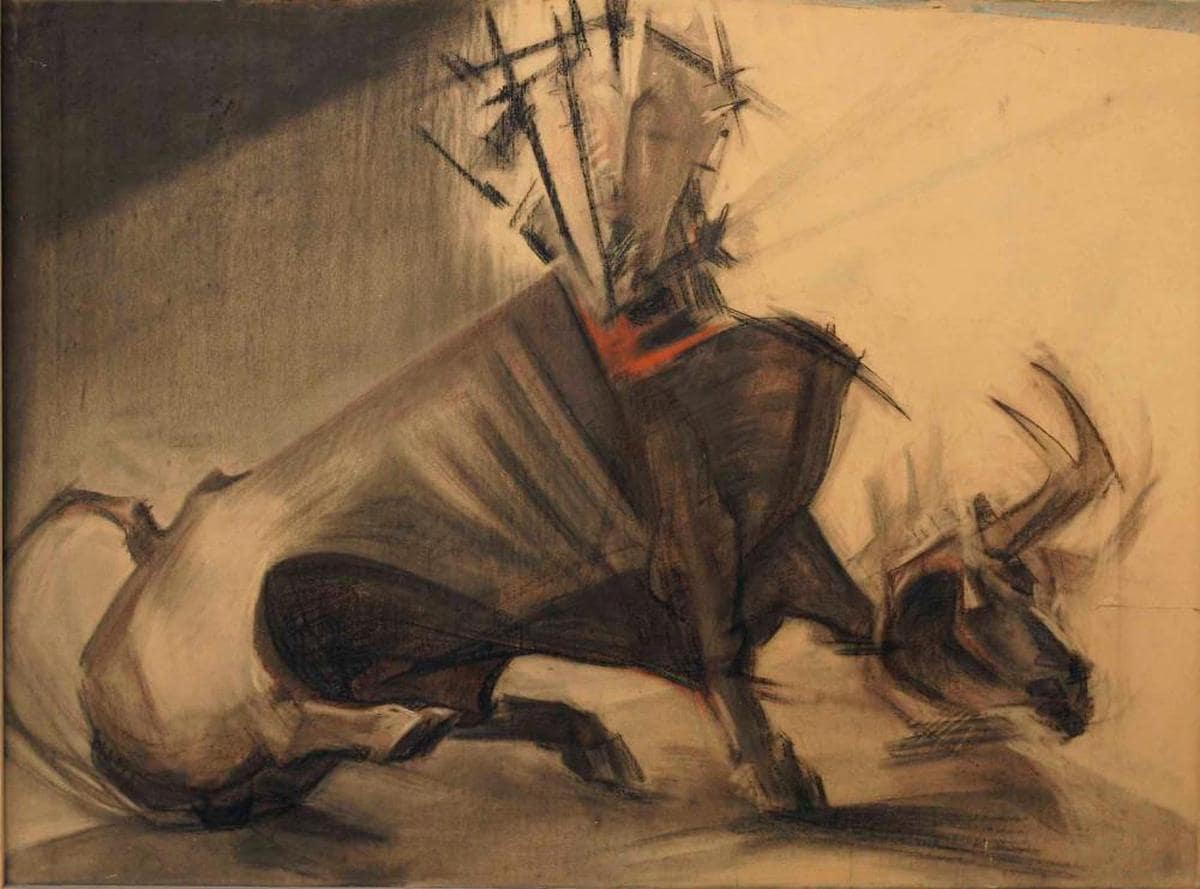 Dibujo titulado “Muerte del toro bravo”, 1982. Una imagen que plasma el dramatismo y que vincula también a la muerte de Cristo.
