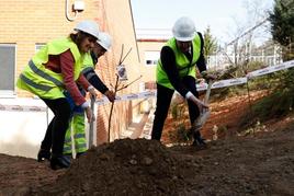 Rocío Lucas y Suárez-Quiñones, plantando uno de los árboles en el Francisco Salinas.