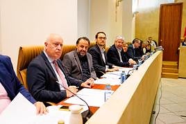 Sánchez, Castaño, Fernández, García y Macías miran a cámara durante el pleno de ayer