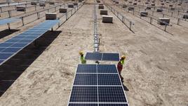 Operarios durante el montaje del parque fotovoltaico de Iberdrola en Villarino de los Aires. CASAMAR