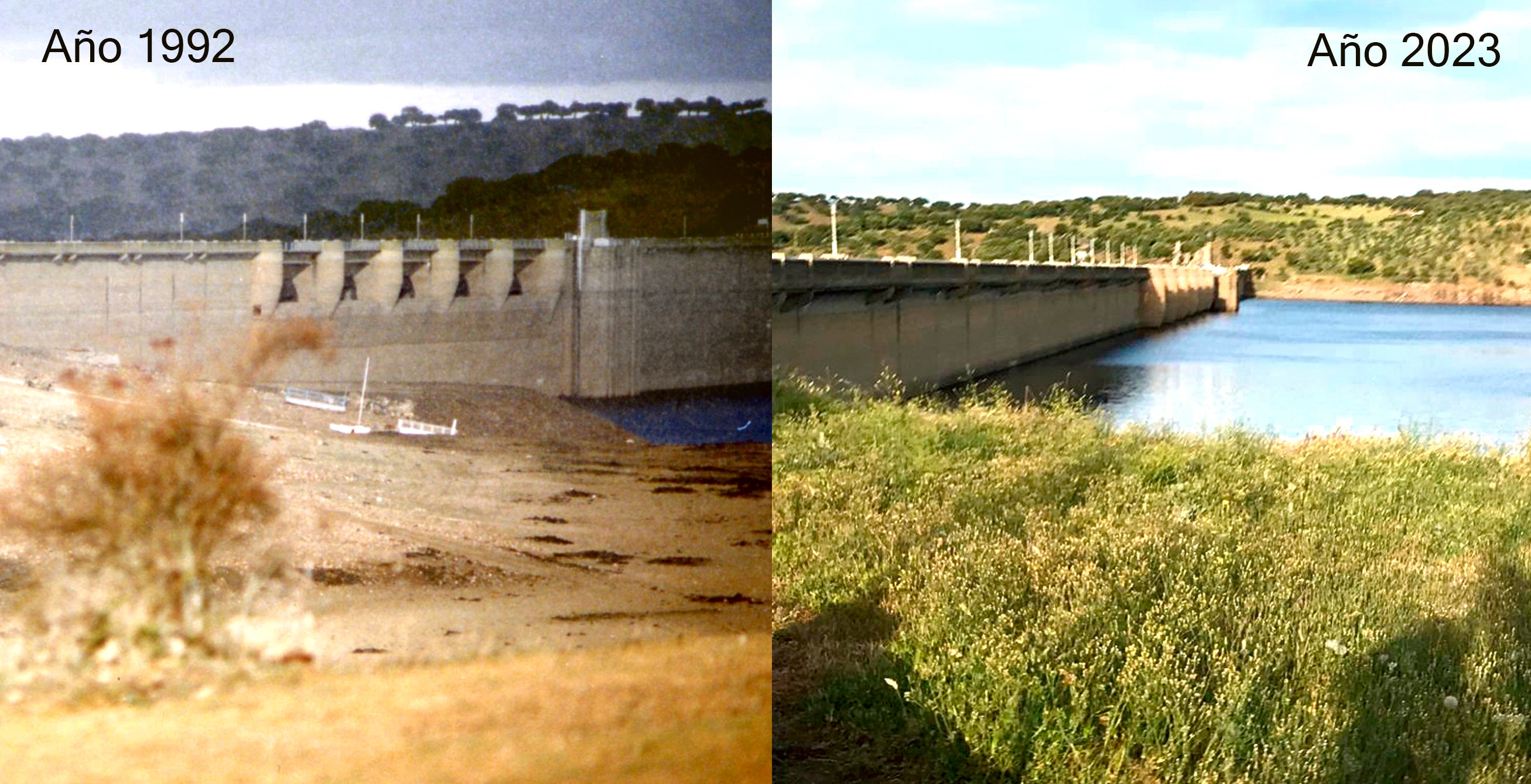 Imágenes del embalse de Santa Teresa. Así estaba en 1992 y así está ahora.