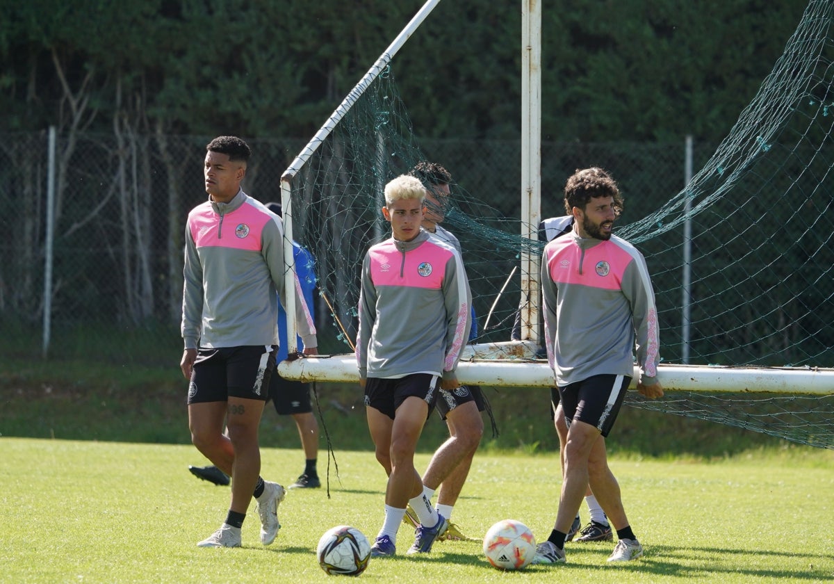 Marco Tulio, Franco, Micky y Diego Benito cargando con una portería sobre el césped del anexo al Tori, donde ayer se entrenó el equipo.