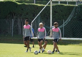 Marco Tulio, Franco, Micky y Diego Benito cargando con una portería sobre el césped del anexo al Tori, donde ayer se entrenó el equipo.