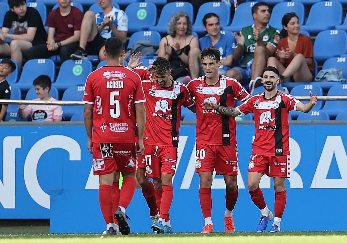 Rayco celebra el gol con el que el Unionistas cerró el curso pasado.