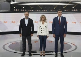 Santiago Abascal, Yolanda Díaz y Pedro Sánchez previos al debate.