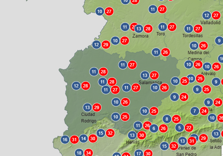 Previsión de temperaturas de la AEMET para el viernes en la provincia de Salamanca.