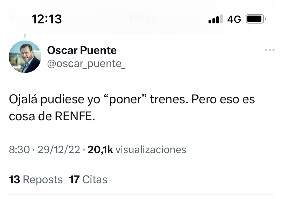 El tuit publicado por Óscar Puente hace casi un año.