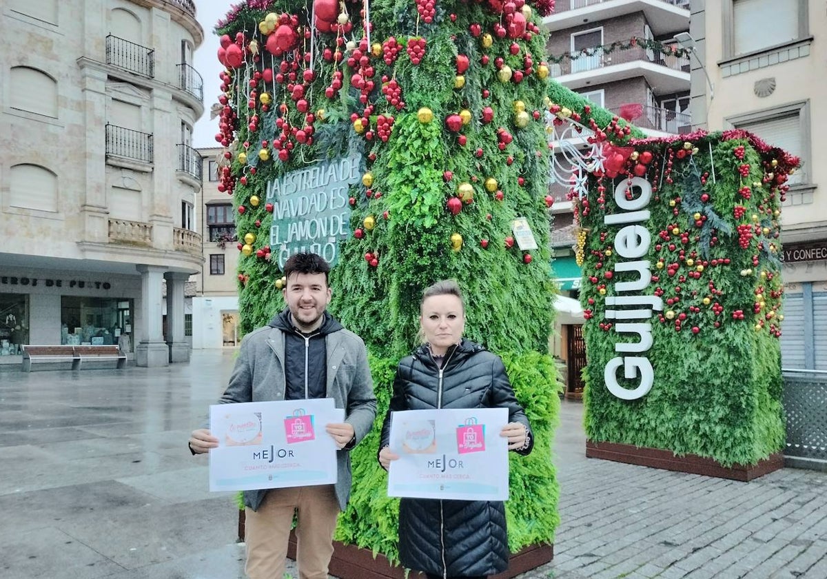 Roberto H. Garabaya y Sandra Méndez presentan la iniciativa junto al jardín vertical de la Plaza Mayor, adornado ya para las navidades.