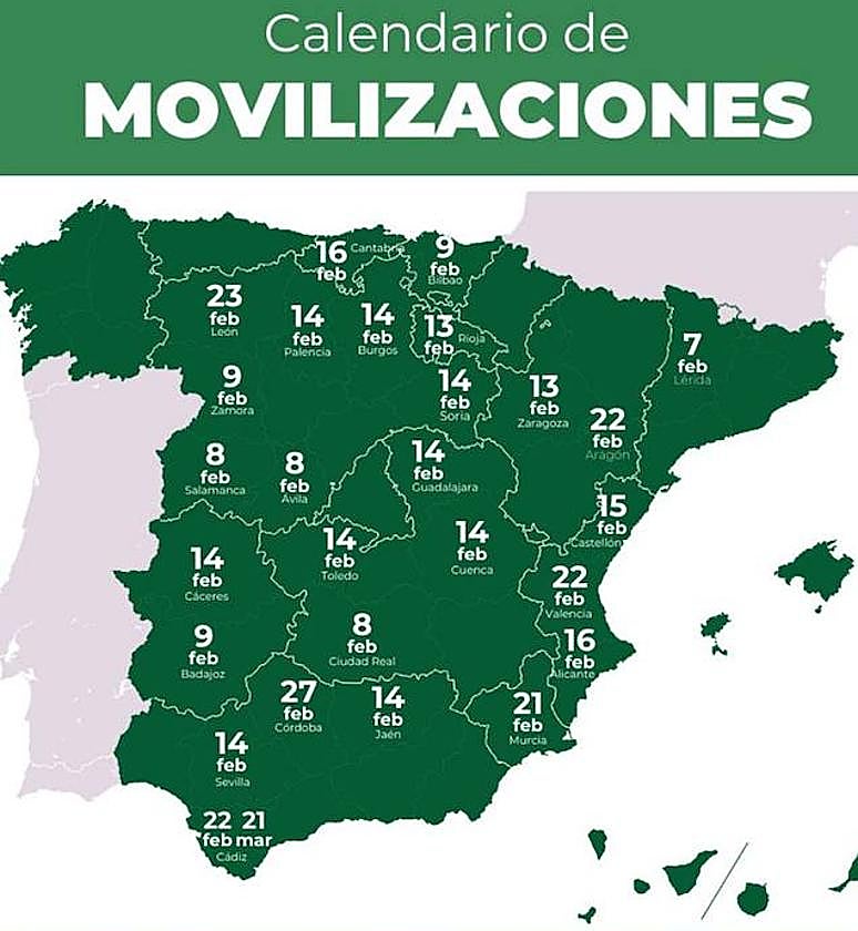 Mapa de protestas convocadas por ASAJA en todo el país