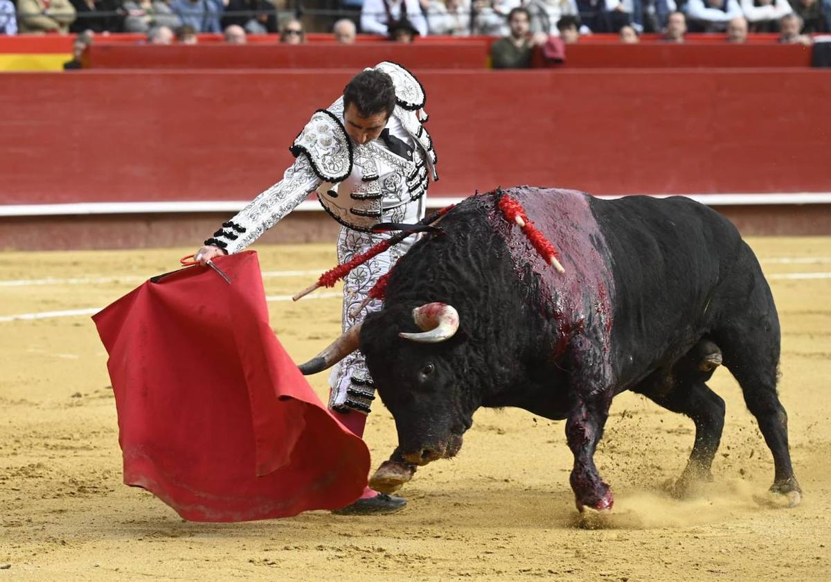 Derechazo de El Fandi a Patrón, el primer Montalvo lidiado ayer en Valencia.