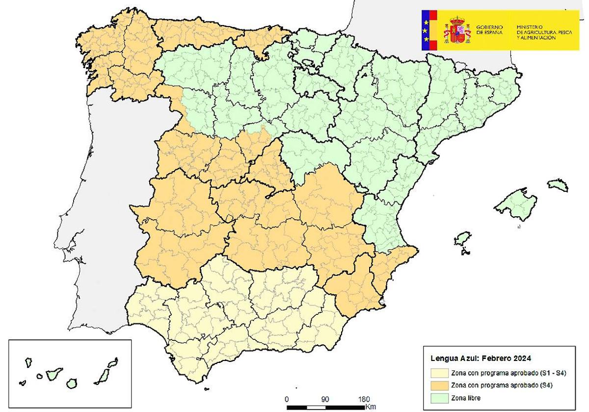 Zonas restringidas por lengua azul en España (datos del Ministerio de Agricultura, febrero de 2024). En verde, la libre.