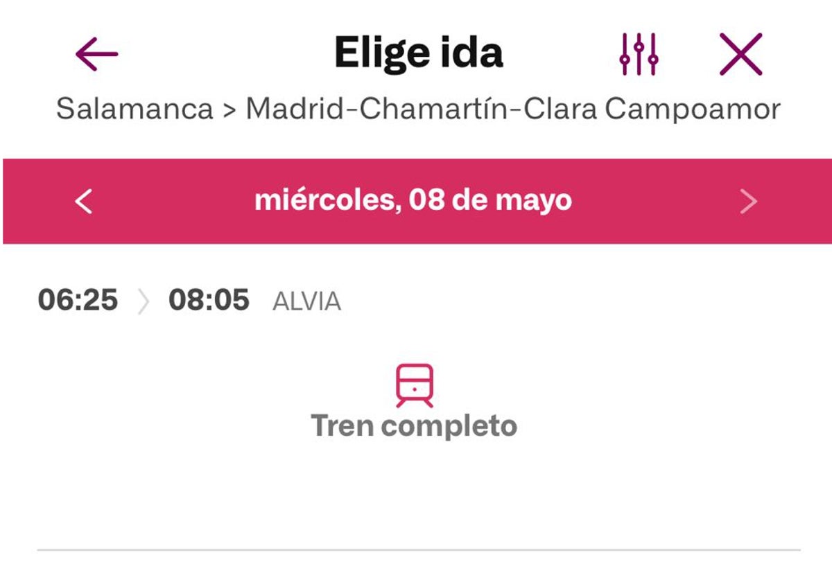 Captura de pantalla de la app de Renfe, donde todos los Alvia figuran como completos.