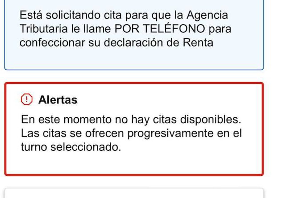 Mensaje de la aplicación de la Agencia Tributaria al solicitar cita.