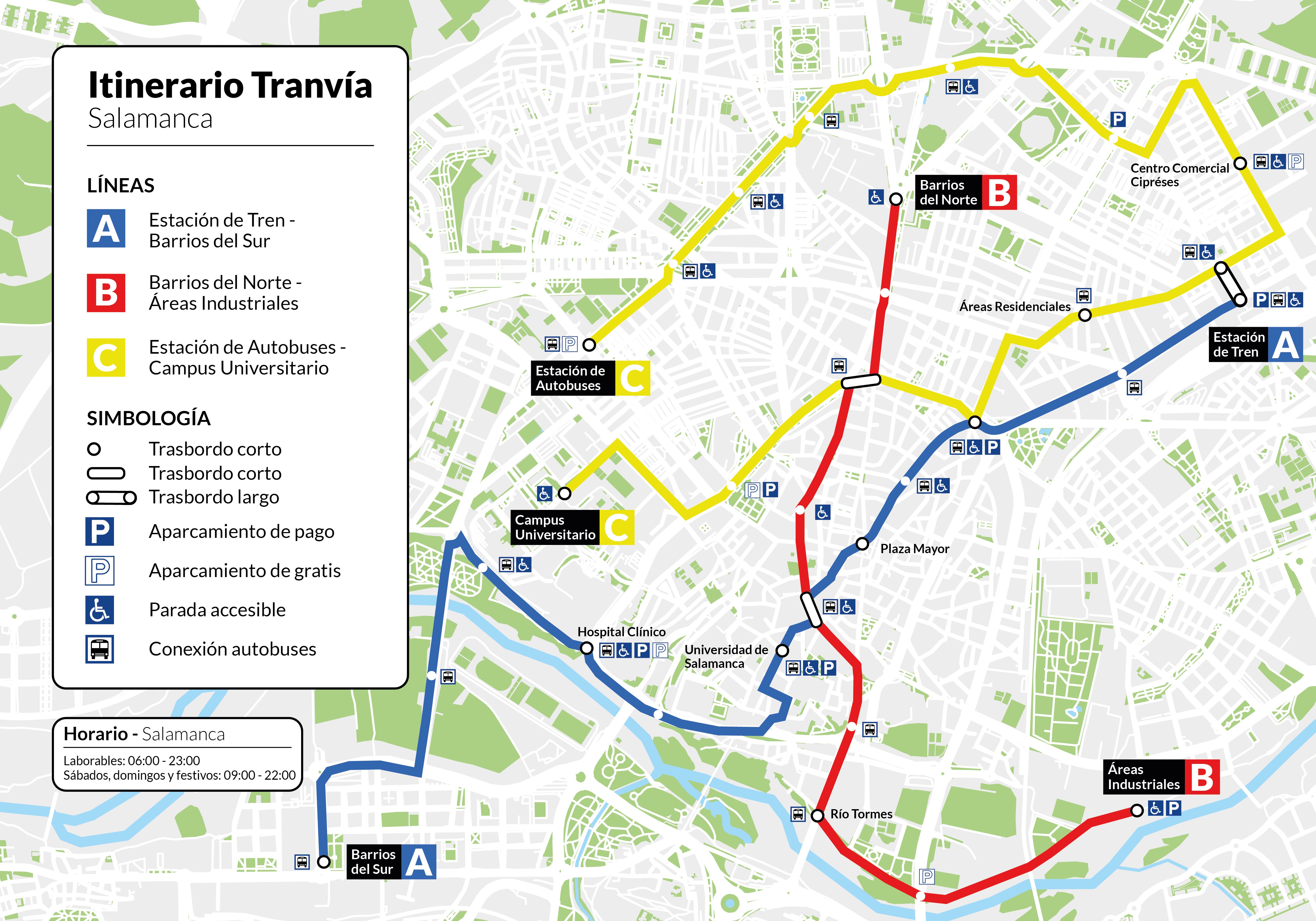 Mapa de los trayectos que el tranvía podría hacer en Salamanca.