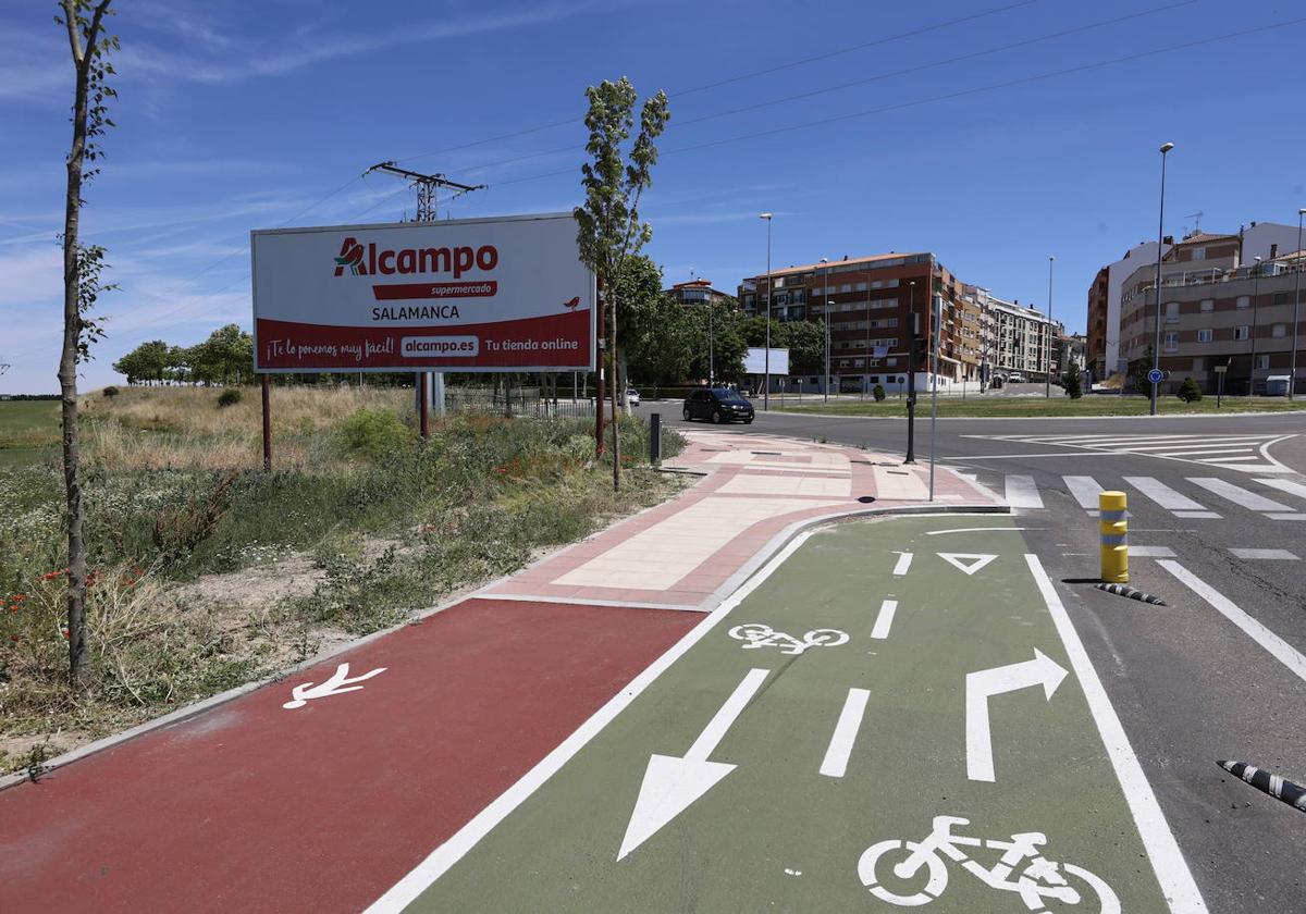 Carril bici ubicado en la carretera de Ledesma, donde partirá una nueva senda hacia el Helmántico.