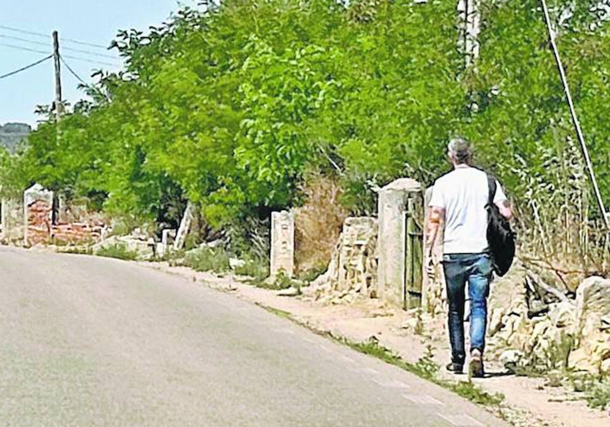 Un peatón camina por la zona de arcén de la margen derecha del Camino de Gudino en Villamayor de Armuñar.