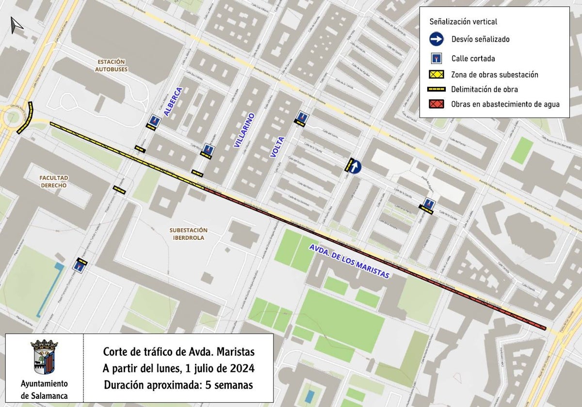 Mapa del corte y estrechamiento en la Avenida de Maristas desde este jueves.